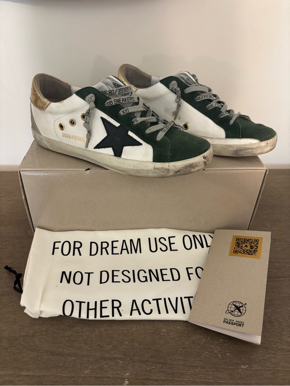 Golden Goose Superstar Sneakers in Green, Black, and White